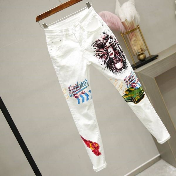 Calça de jeans skinny branca feminina desenho animado graffiti jeans esticados de jeans de verão outono de jeans de lápis fino