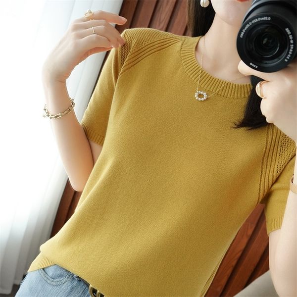 

t-shirt women round neck sweater casual tees slim korean pullover large size hollow out cotton short sleeve 220321, White
