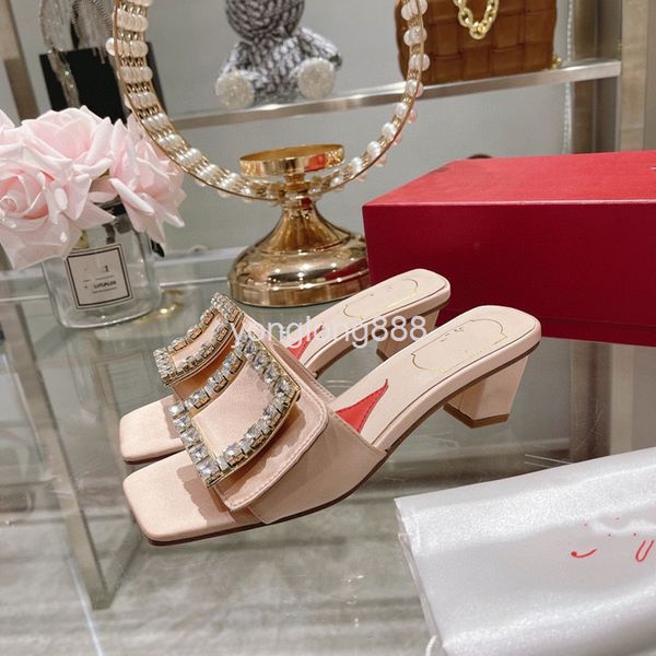 

slippers high end quality 22 spring and summer velvet crystal square heel high-heeled slippers are fashionable easy to wear buckle, Black
