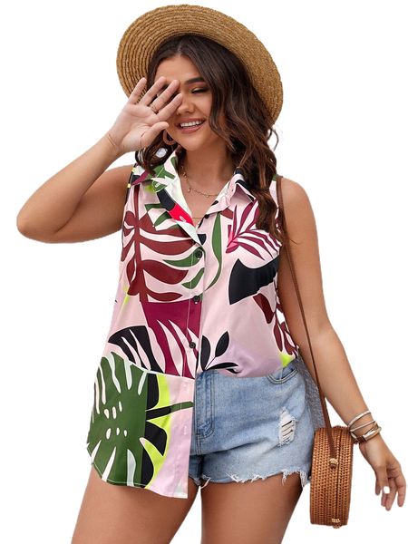 

plus tropical print button front blouse b8so#, Black