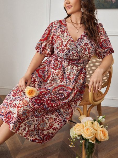 

plus floral & paisley print puff sleeve dress m6xo#, Black