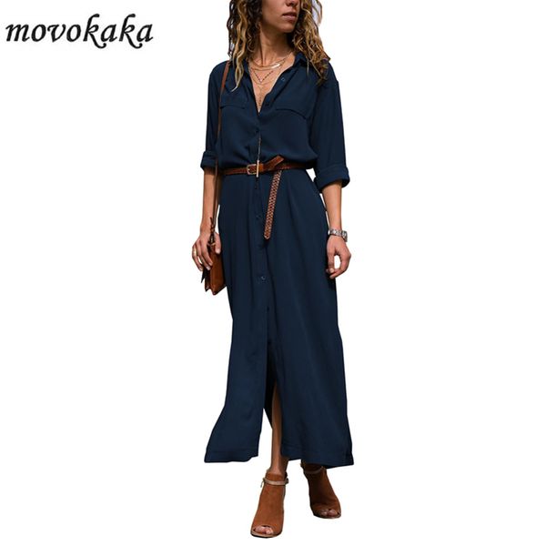 

movokaka elegant dres long sleeve casual dress long plus size dresses woman party button slim dres office y200805, Black;pink