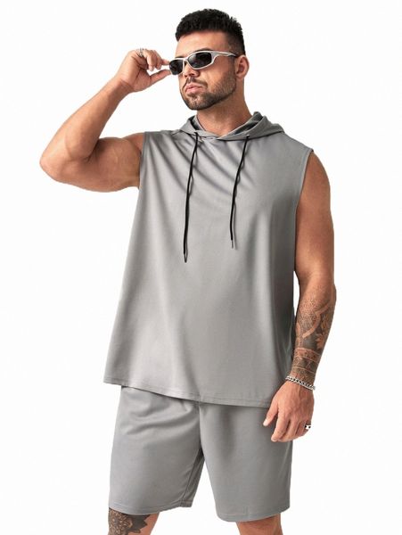 

extended sizes men drawstring sleeveless hoodie & shorts p1yh#, Gray