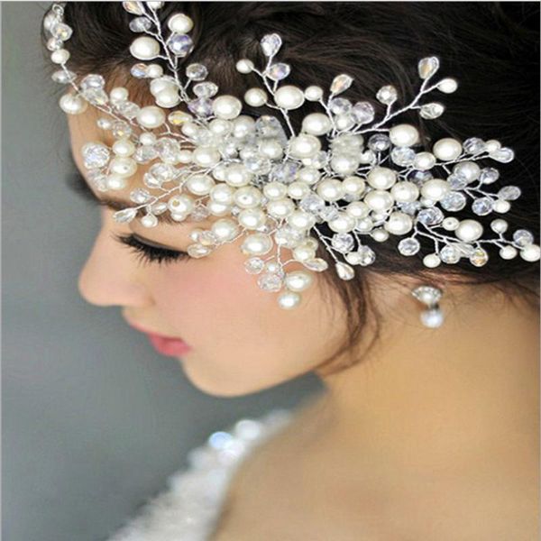 Başlıklar Düğün Gelin Mücevher Aksesuarları El yapımı takılan tarak saç headdress ile İnci Tiara Dekorasyon Evlilik Başlıkları