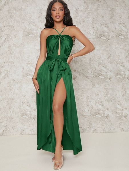 

club self belted high split satin cami dress n4bh#, Black;gray