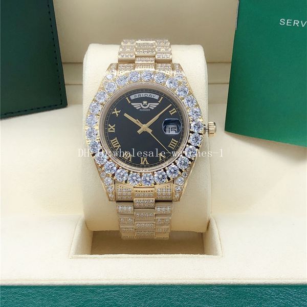 

watch full diamond black dail president 128238 128239 sapphire big diamond bezel 43mm 18k gold men automatic wristwatches with original box, Slivery;brown