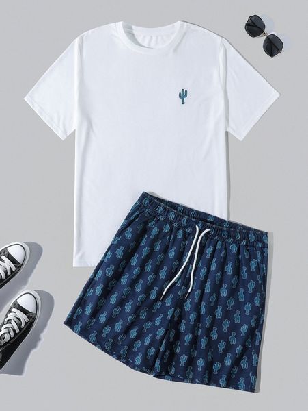 

men cactus print tee & drawstring waist shorts u62z#, Gray
