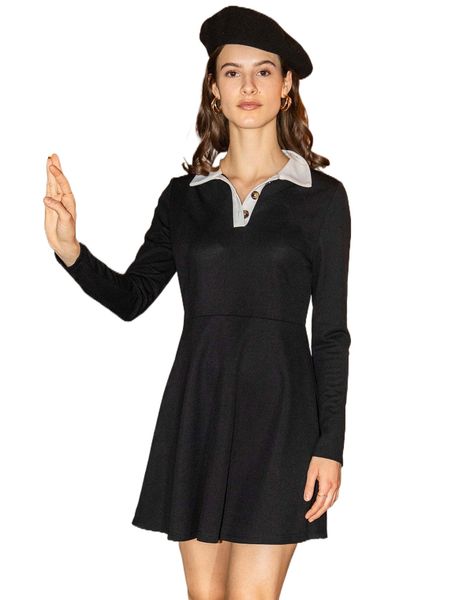 

contrast collar button front dress k4og#, Black;gray