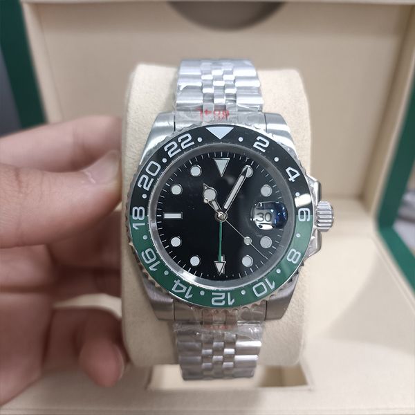 

men's watches 40mm automatic mechanical green black ceramic dial gold silver stainless steel strap gmt time st9 folding buckle sports w, Slivery;brown