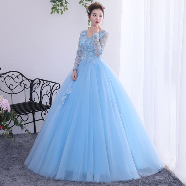 Linda bebê azul quinceanera vestidos 2022 manga longa V vestido de baile de pescoço de vestil