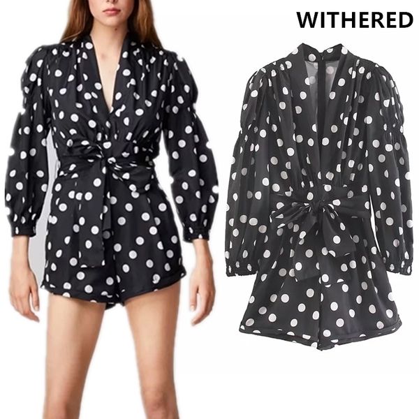 

withered playsuit women england style vneck polka dot printing sashes overalls rompers jumpsuit women plus size y200422, Black;white