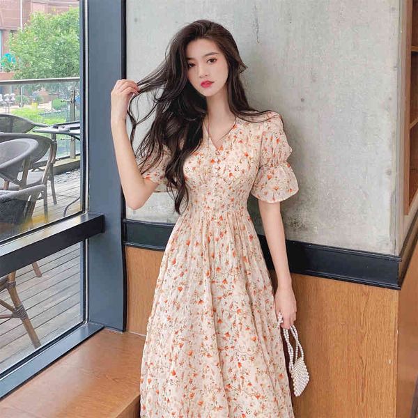 

casual dresses long skirt bubble sleeve floral kikyo french minority design sense tea break dress light luxury women's summer c56g, Black;gray