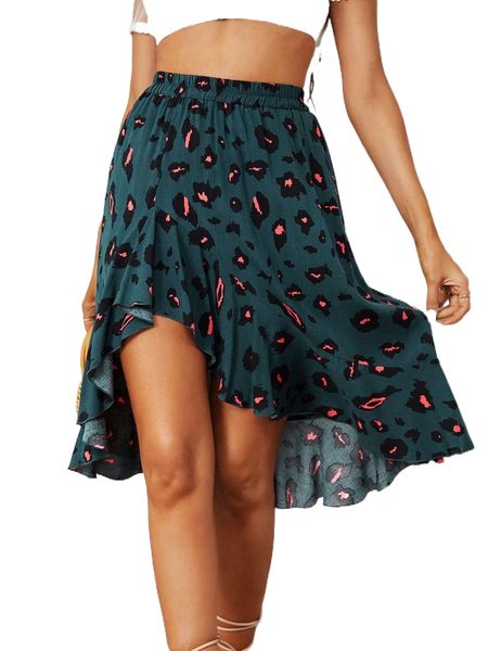 

leopard print asymmetrical hem skirt w91k#, Black