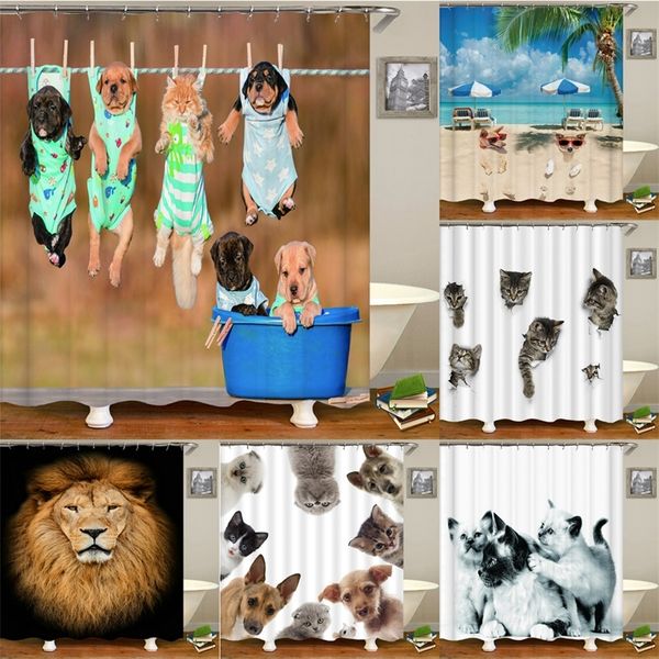 Tenda da doccia impermeabile per bagno Animali divertenti Stampa adorabile Cane gatto con ganci schermo vasca 220429