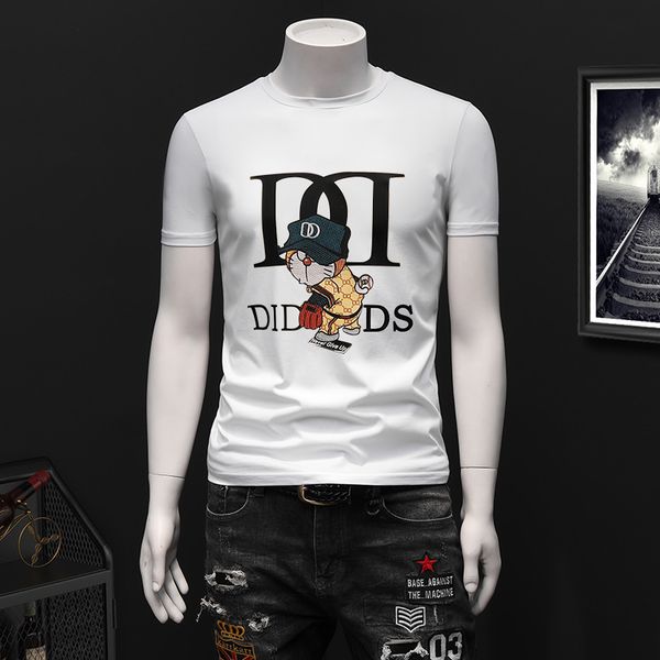 

2022 summer new men's cartoon printed mercerized cotton short-sleeved t-shirts round neck fashion slim breathable wild casual clothes, White;black