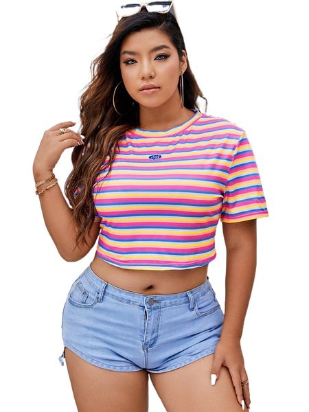 

plus striped print letter graphic crop tee u6dc#, Black