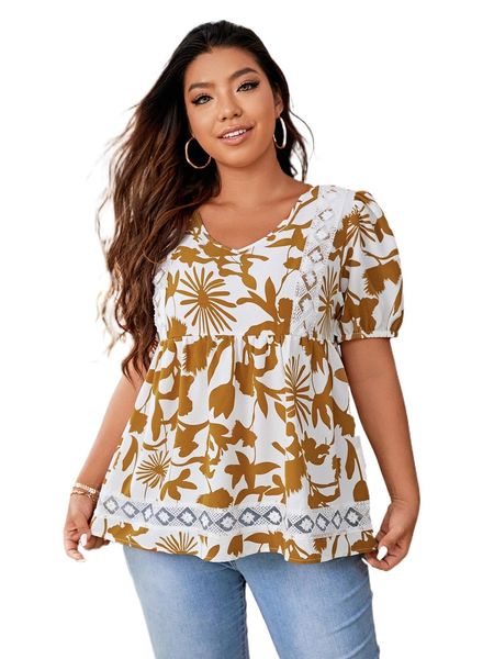 

plus floral print contrast lace puff sleeve blouse e5dv#, Black