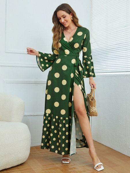

polka dot flounce sleeve wrap tie side dress 40pg#, Black;gray
