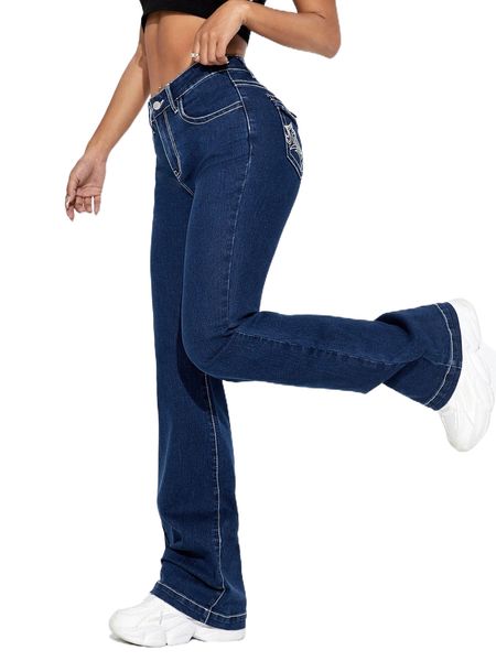 

embroidery detail flare leg jeans i7u4#, Blue