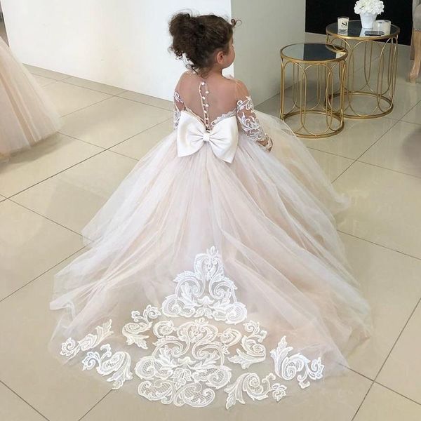 Mädchenkleider Elfenbein Spitze Kinder Blumenmädchenkleid für Hochzeit Langarm Tüll Prinzessin Party Festzug Mädchen Heilige Erstkommunion KleidMädchen