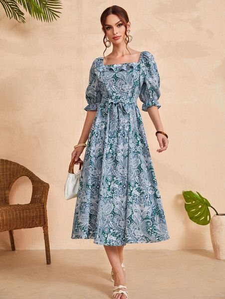 

square neck a-line paisley print belted dress l07d#, Black;gray