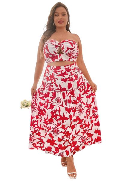 

plus floral print twist cut out crop tube & ruffle hem skirt u9uq#, Black