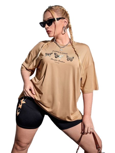 

plus butterfly & slogan graphic drop shoulder tee z50z#, Black