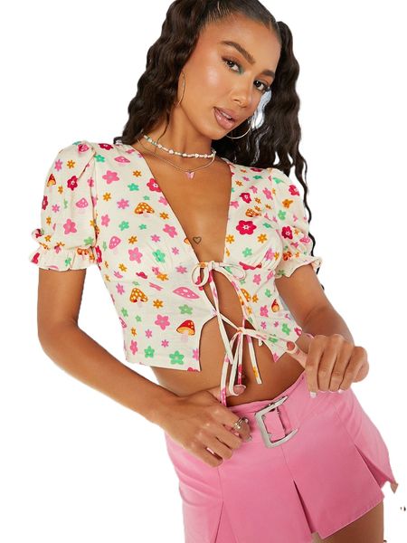 

floral & mushroom print knot front tee f4hy#, White