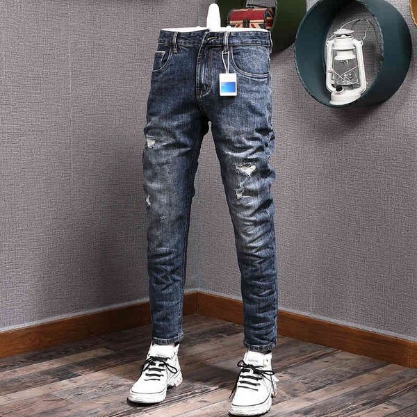 

men's jeans fashion hole patch jeans men's elastic slim straight trendy youth casual pants 4mkl, Blue