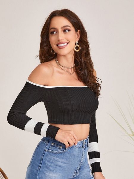

off shoulder striped tee v5ge#, White