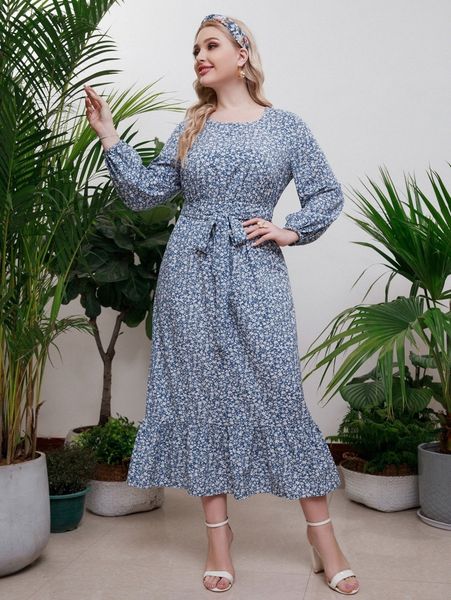 

plus ditsy floral lantern sleeve ruffle hem belted dress n72z#, Black