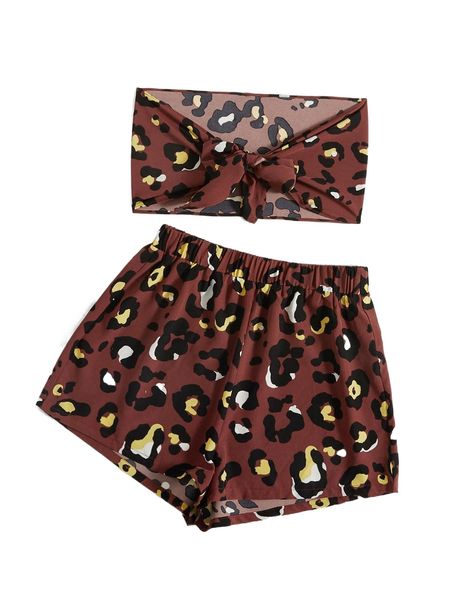 

leopard print knot front tube & shorts t5wb#, White