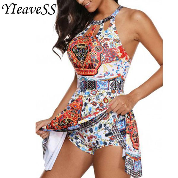 

tankini plus size swimwear women swimwear two piece printed halter swimsuit swimming dress bathing suit s5xl y200319, White;black