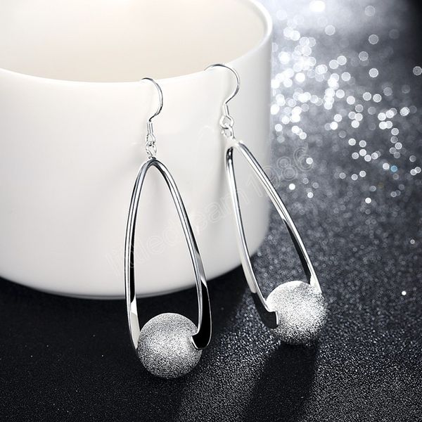 

925 sterling silver dangle circle hoop frosted beads earrings charm for women lady fashion wedding engagement party jewelry
