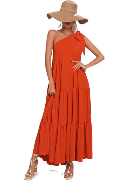 

tie one shoulder ruffle hem maxi dress s8qp#, Black;gray