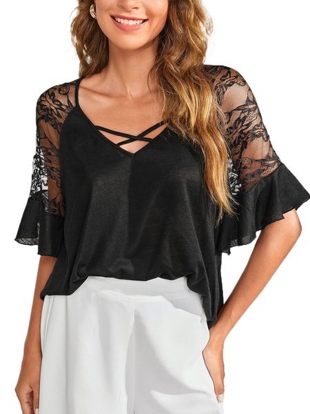 

contrast lace flounce sleeve crisscross front tee p5sz#, White