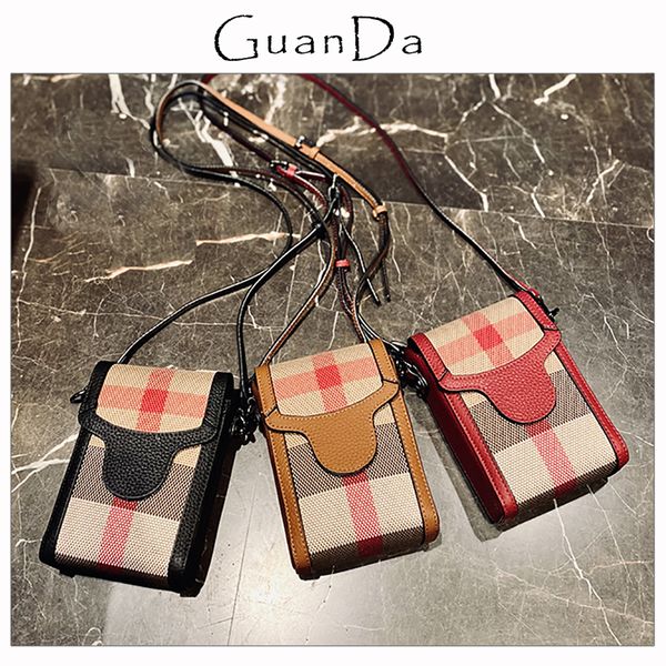 

2022 women handbags fashion korean style small phone crossbody bag stripe plaid canvas cow leather female shoulder sling bag