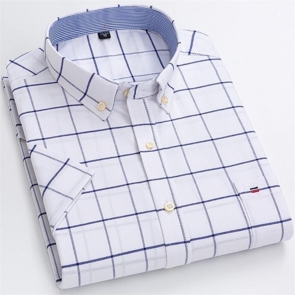 

men's summer casual short sleeve 100% cotton thin ox shirt single patch pocket standard-fit button-down plaid striped shirts 220401, White;black