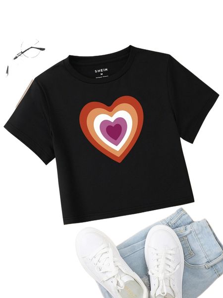 

heart print round neck tee i3p7#, White