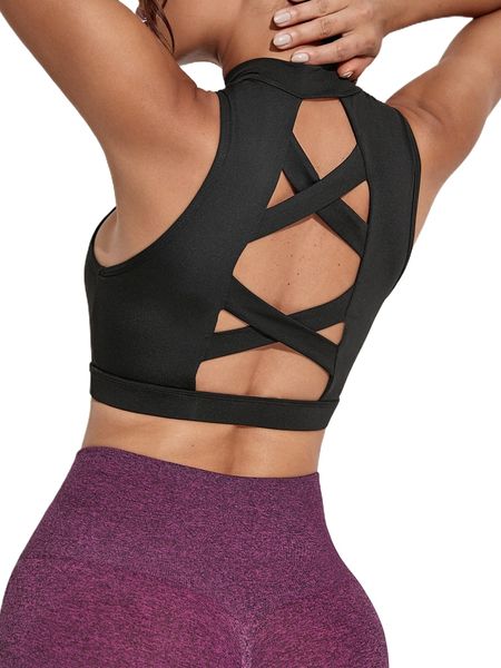 

mock neck crisscross open back sports tank e4u2#, Gray