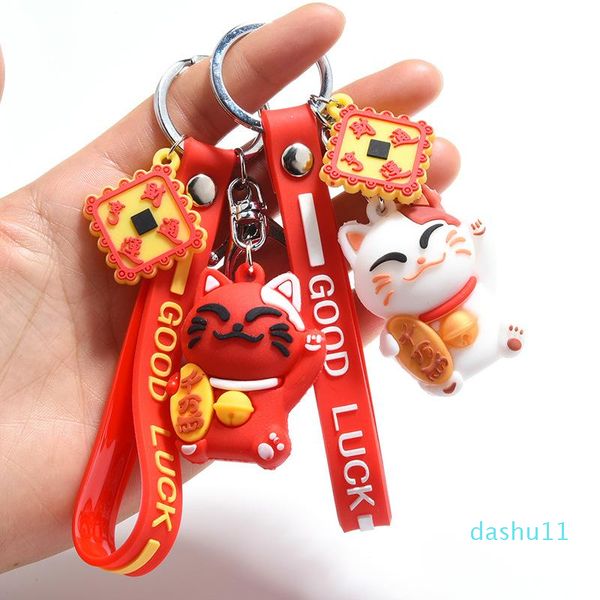 Schlüsselanhänger Nette rote glückliche Katze Schlüsselanhänger PVC Lanyard Tier Puppe Schlüsselanhänger Maneki Neko Auto Schlüsselanhänger Tasche Anhänger Souvenir Porte ClefKeychain