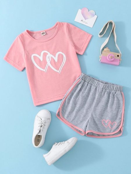 

toddler girls heart print tee & contrast binding track shorts she, White