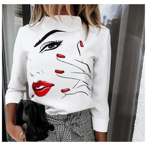 Frauen Lippen Druck Bluse Hemden Elegante Damen Oansatz Pullover Tops Herbst Langarm Casual Hemd Blusa Streetwear 3XL 210308