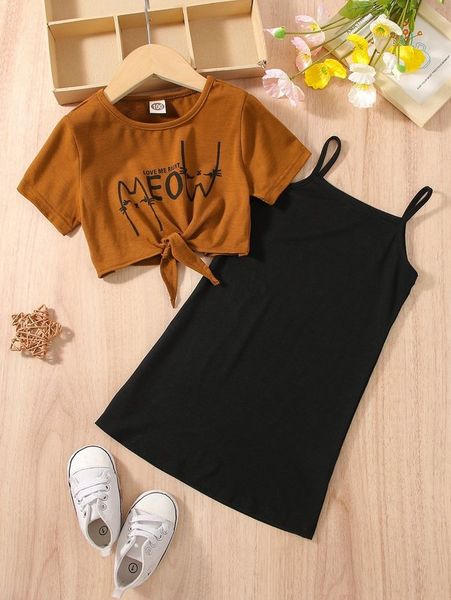 

toddler girls cartoon & slogan graphic knot hem tee & cami dress she, White