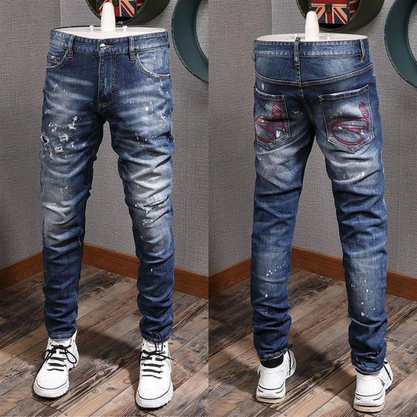 

patch paint splattered destroyed blue jeans cool guy fit man with stitch de222f