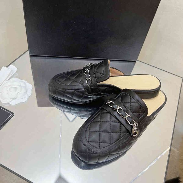 

dress shoes women's size35-41 genuine leather mules low heel chain patent slippers designer shoes toe round, Black