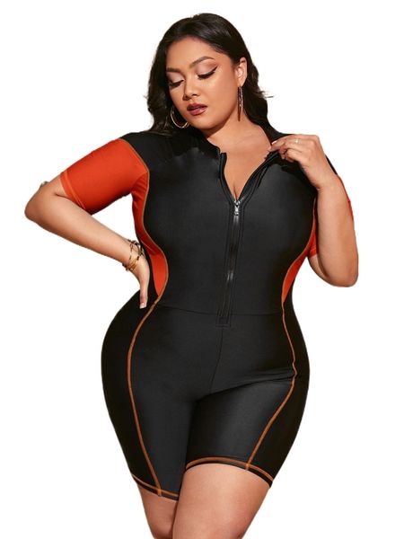 

plus color block zipper front one piece swimsuit g5jf#, White;black