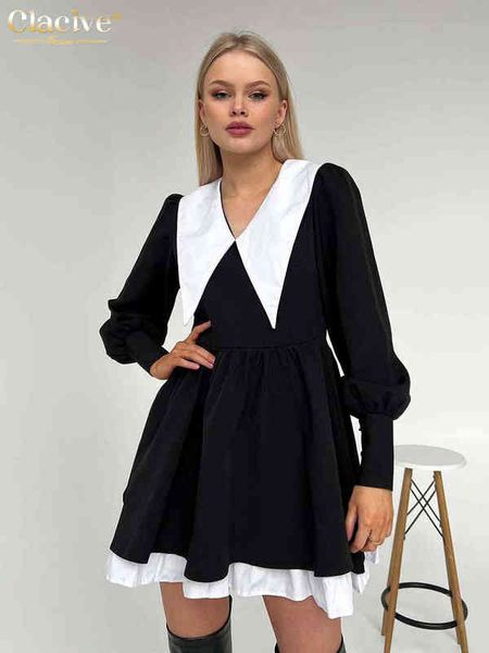 Clacive Mode Puppe Kragen Schwarz Kleider Für Frauen 2022 Casual Laterne Hülse Büro Mini Kleid Damen Elegante Patchwork Kleid T220804