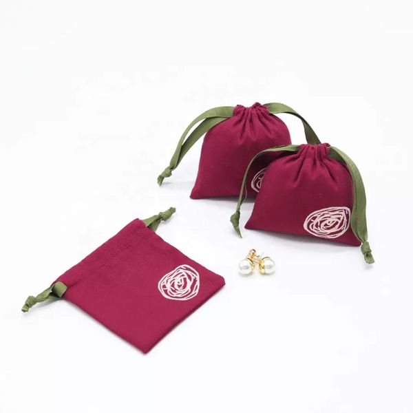 

custom embroidery logo cotton linen mini bag muslin cotton gift jewelry coin storage packaging dust bags drawstring sack, Pink;blue