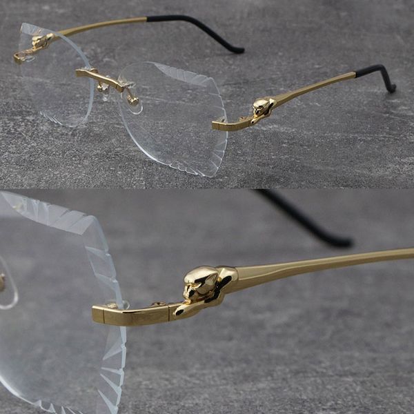 Novo designer de lentes com corte de diamante série Cheetah armações sem aro de metal lente esculpida óptica 18K ouro prata homem mulher óculos grandes tamanho de armação de olho de gato 61-20-140MM